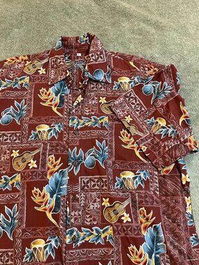 Kane Malia Vintage Hawaiian Rayon Aloha Shirt Tropical Ukulele Drum Print Large